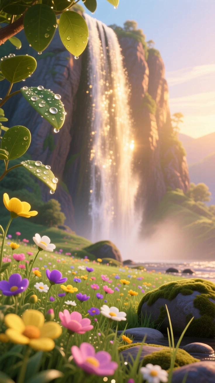 A towering waterfall glows as morning dew clings to every leaf and petal, with wildflowers scattered across the foreground. The atmosphere feels fresh, alive, and untouched.