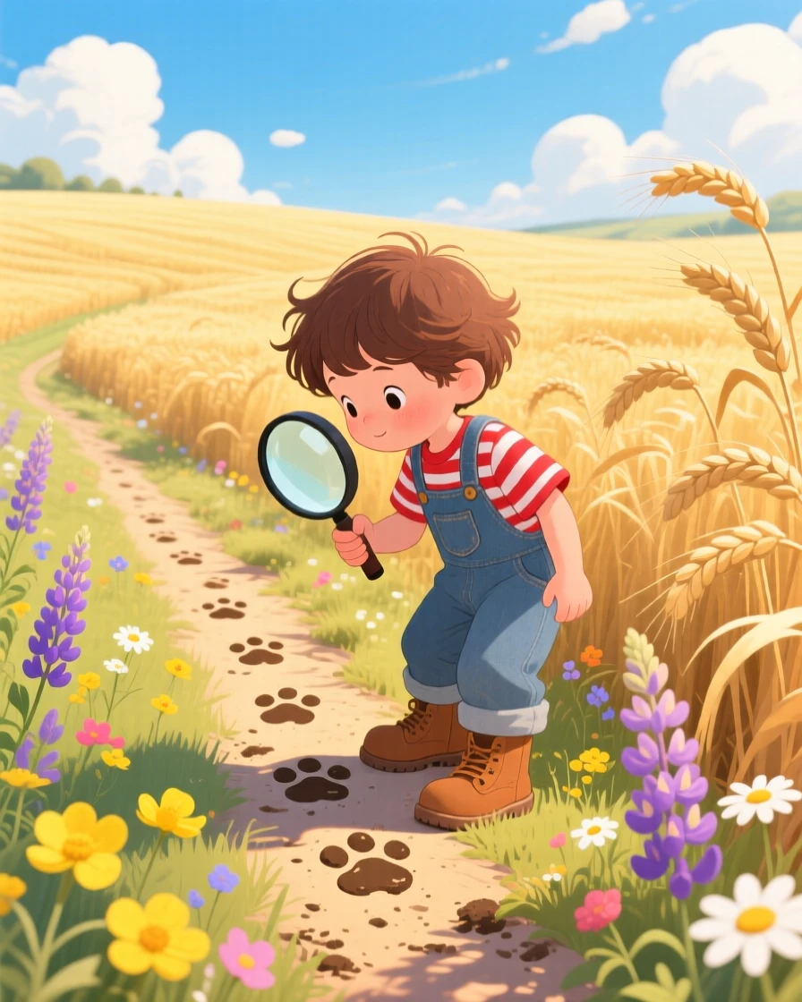 In a golden wheat field, a child with a magnifying glass is following a trail of paw prints in the mud, as wildflowers sway in the breeze.