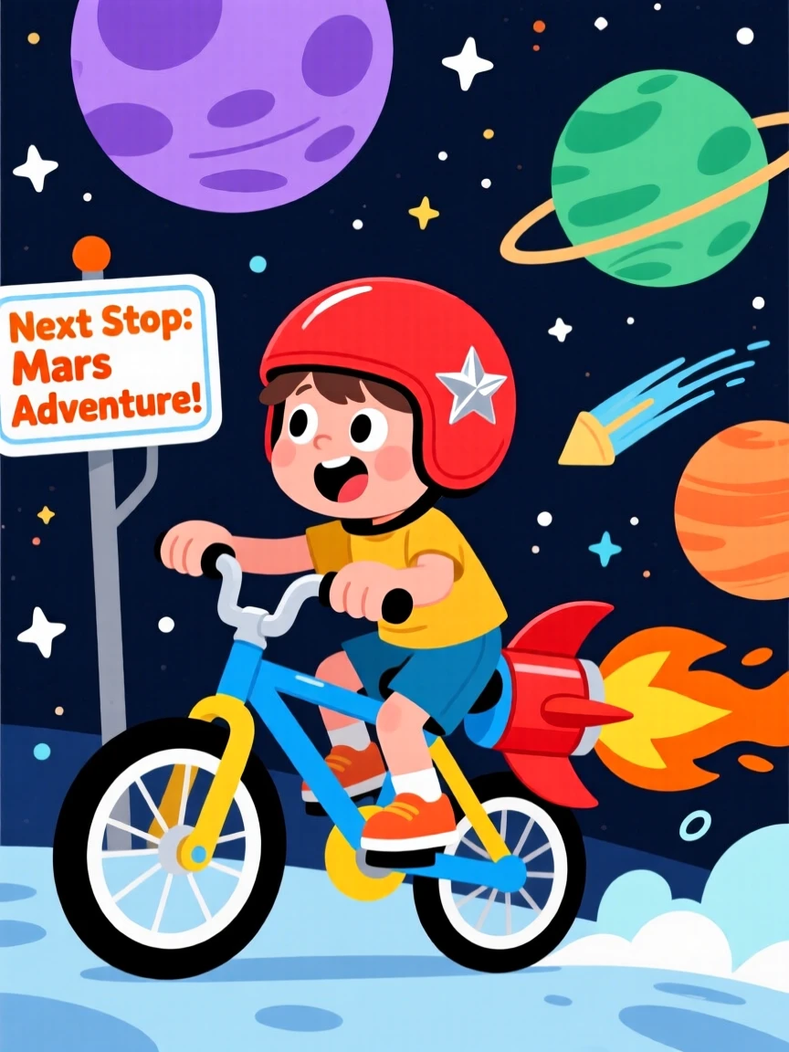 A boy pretending his bicycle is a rocket blasting through space.