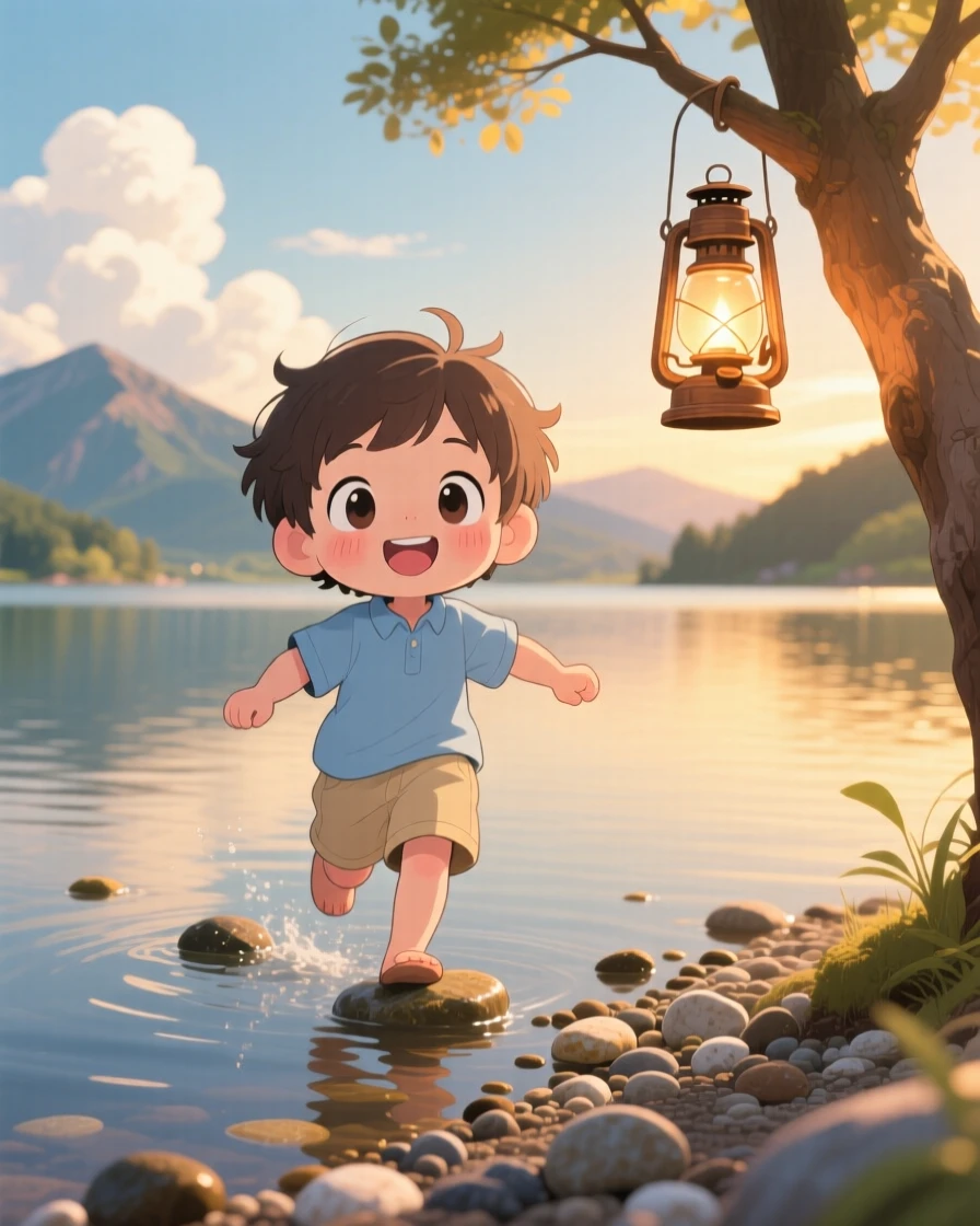 Medium shot: a small child, skipping stones across a calm lake, set against a mountain lake at golden hour beneath fluffy drifting clouds, with warm lamplight and a mood of giggling amusement.