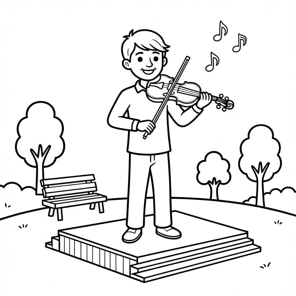 A musician playing a violin on a park stage