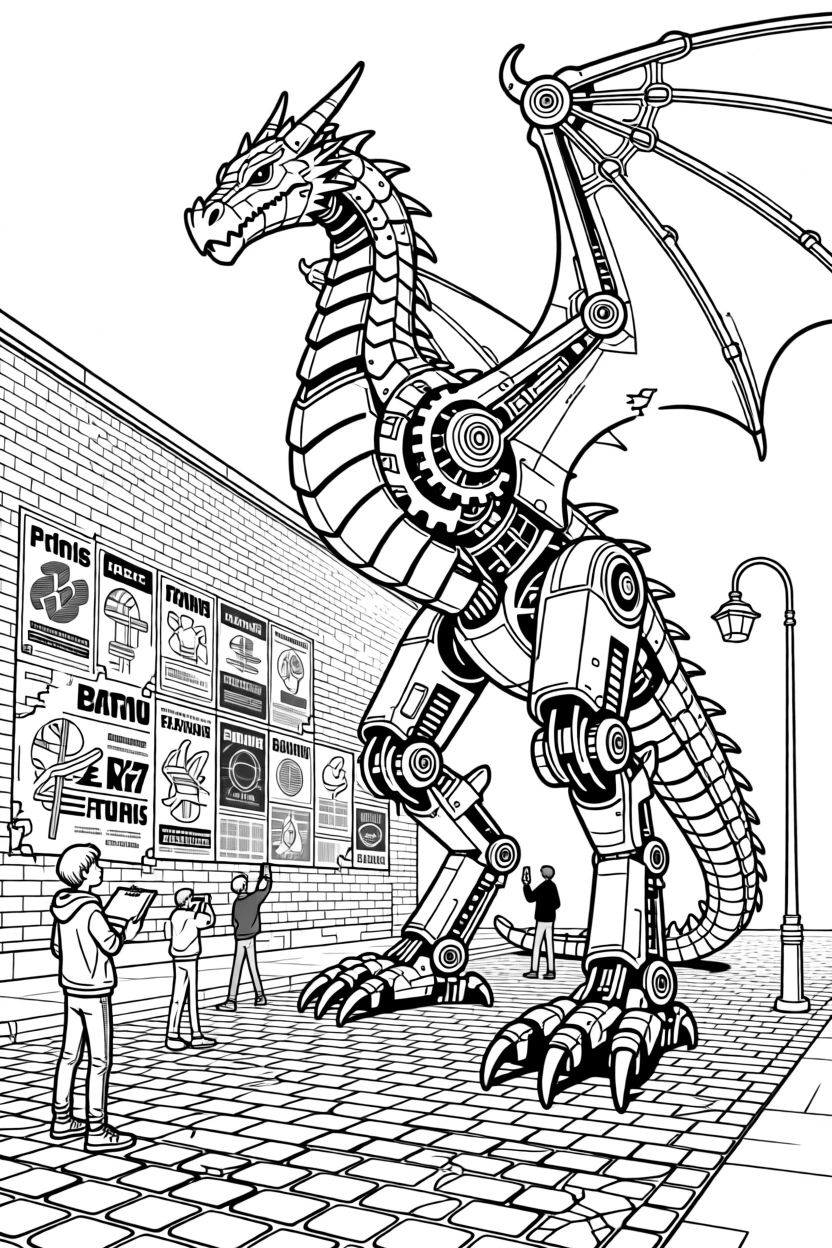 A giant mechanical dragon towering over a cobblestone street, with a poster wall visible in the background.