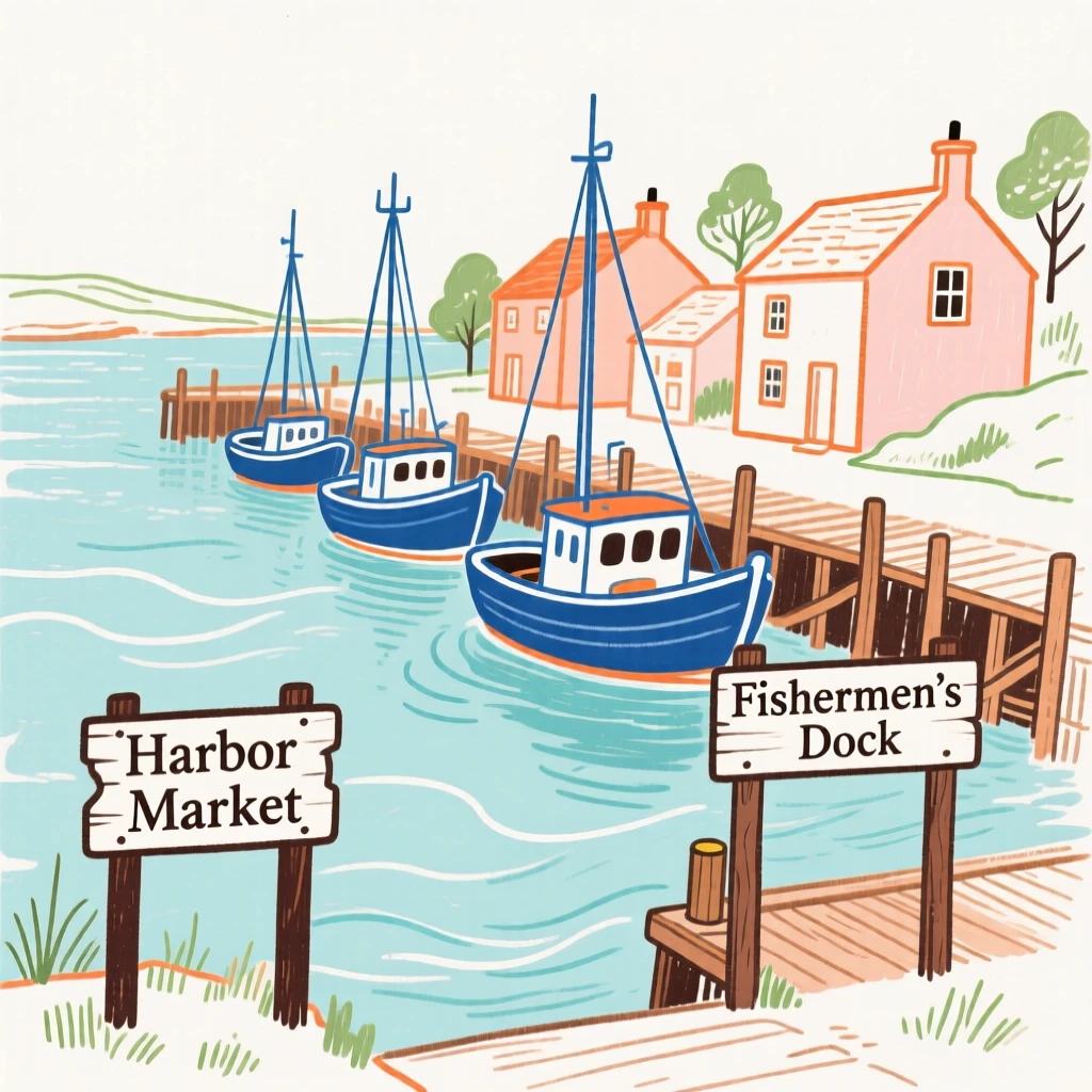 A small fishing village with boats lined along a harbor.