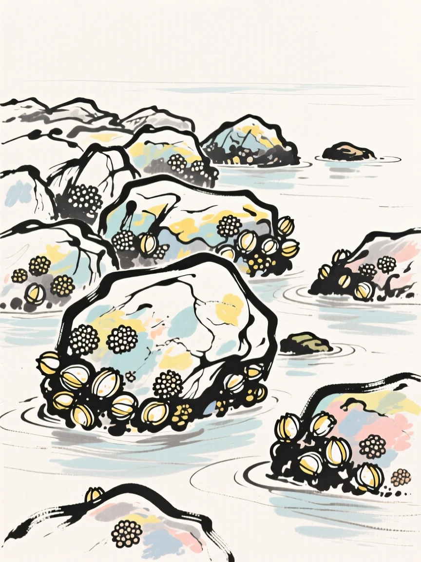 A colony of barnacle-covered rocks exposed at low tide.