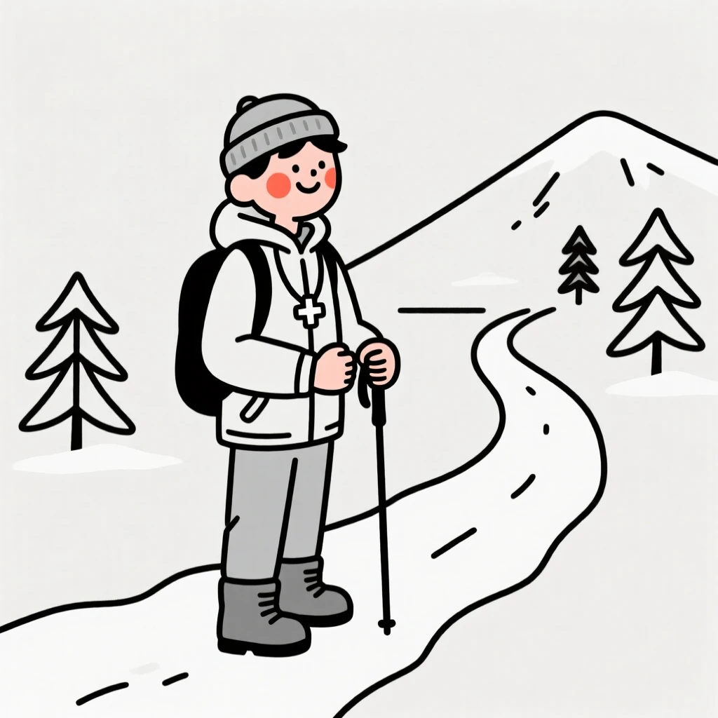 A doctor of hawaiian heritage taking a quiet break, smiling shyly, on a snowy mountain trail.