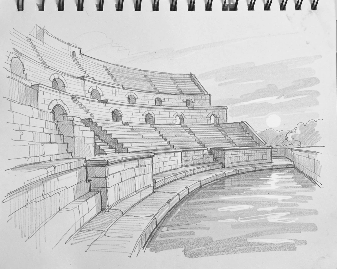 Sweeping architectural view of an ancient stone amphitheater, during a dramatic sunset, with reflections shimmering in a nearby canal.