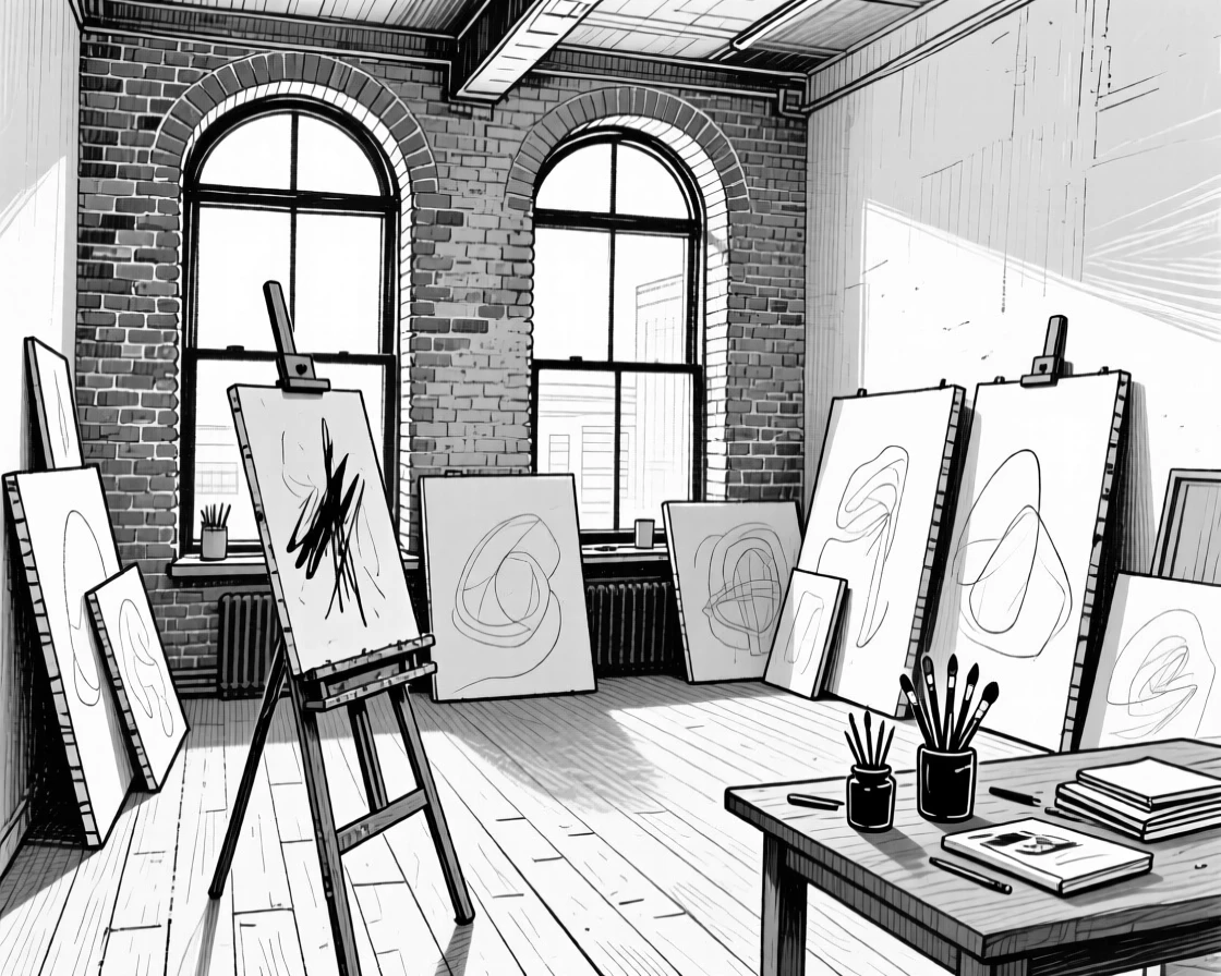A modern art studio loft with tall windows and canvases leaning against the walls.