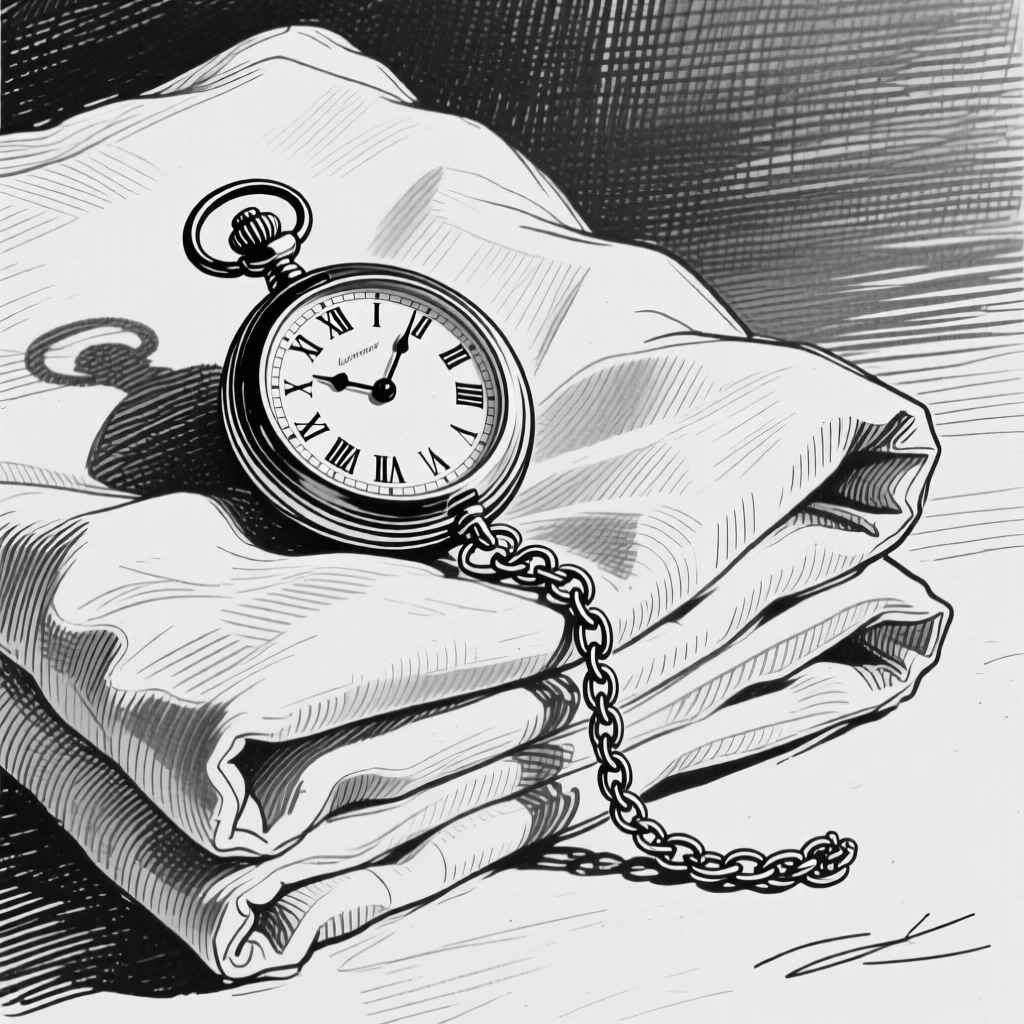 An antique pocket watch sitting atop a stack of folded linens, with warm afternoon light casting long shadows, forming an elegantly simple still-life study.