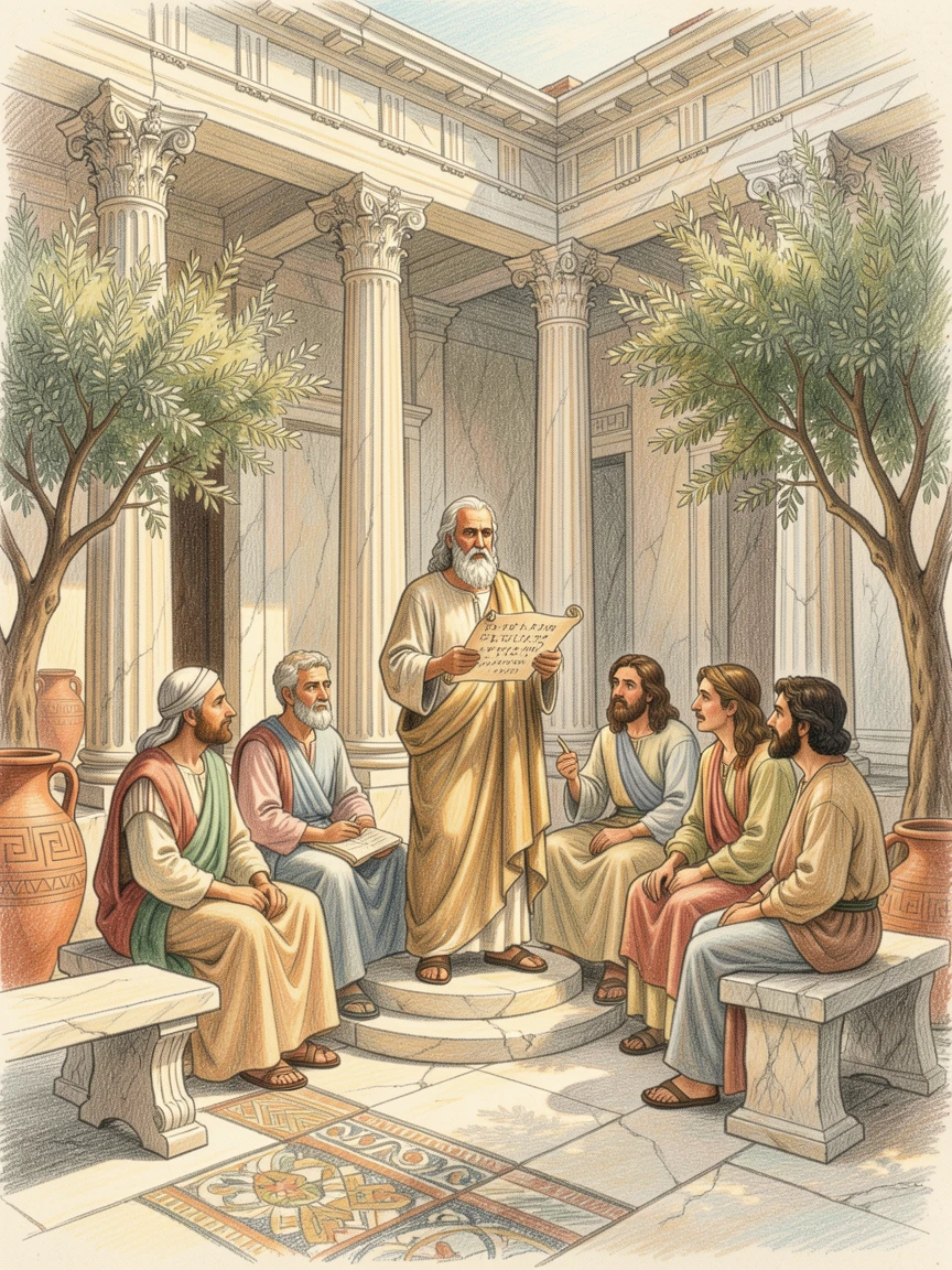 An ancient Greek philosopher teaching students in a marble courtyard, filled with vibrant, culturally rich visual elements, designed to feel majestic, respectful, and storytelling-rich.