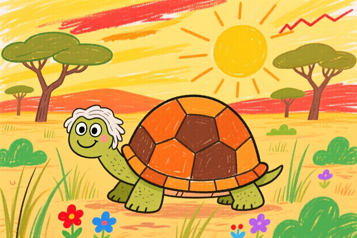 A wise old tortoise at golden sunset on the African plains.