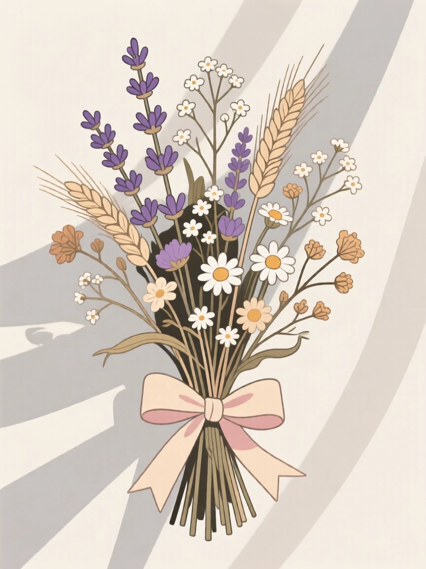 A bouquet of dried wildflowers tied with a ribbon, set against a backdrop of soft draped fabric, captured with a close, detailed focus, with a clean, elegant simplicity.