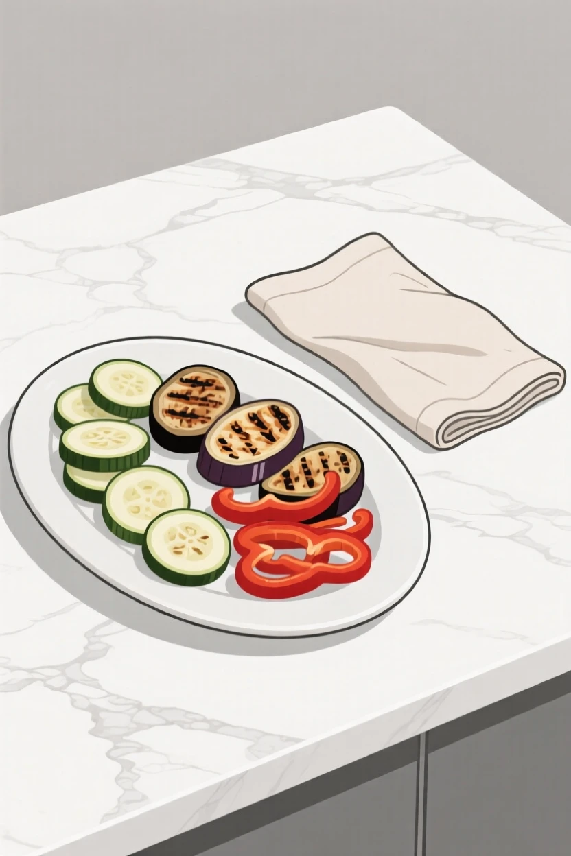 A homemade platter of grilled vegetables cooling near a linen napkin on a marble countertop, expressing simple satisfaction.