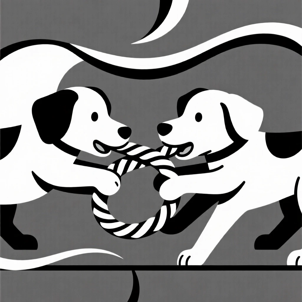 Two puppies tug-of-war with a rope toy.