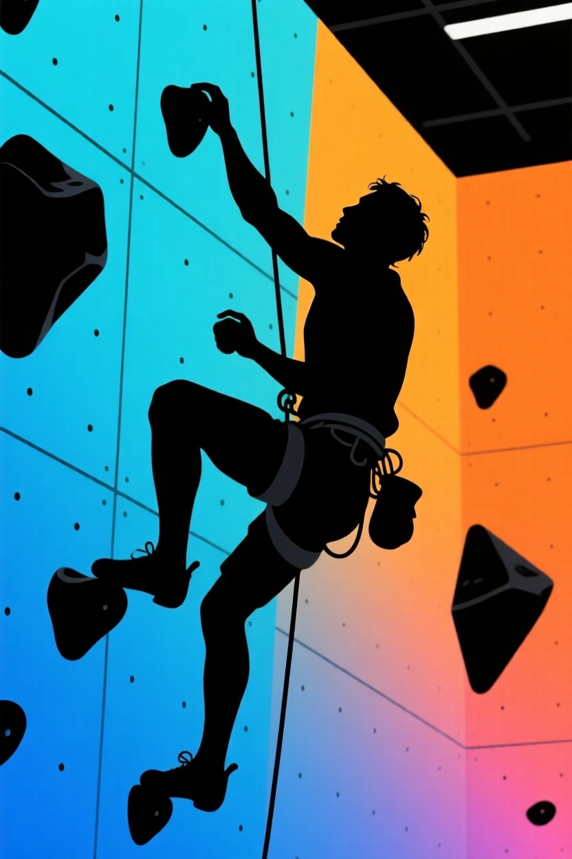 A rock climber reaching for a distant handhold on an indoor climbing wall.