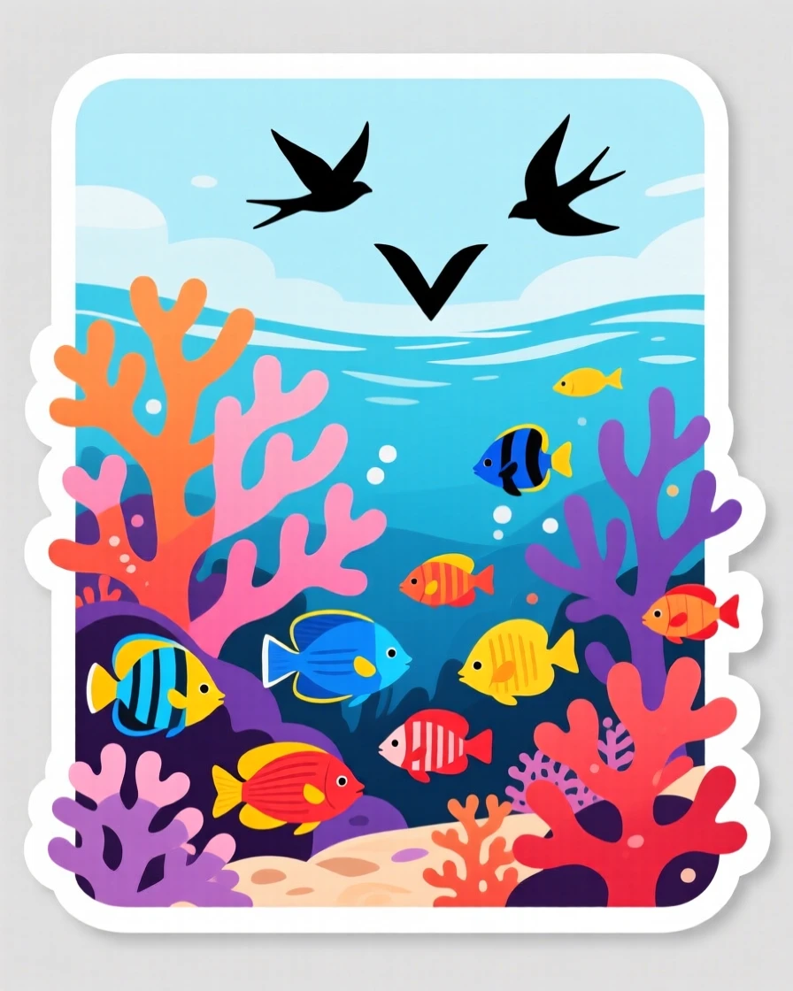 A dreamlike coral reef teeming with colorful fish, with birds flying across the sky, on a peaceful weekend getaway.