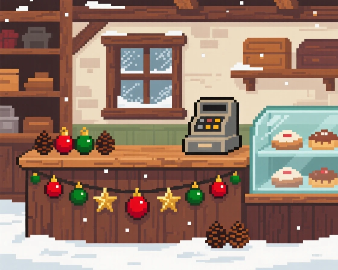 A bakery counter decorated for the holidays with tiny ornaments, in a village bakery before opening hours.