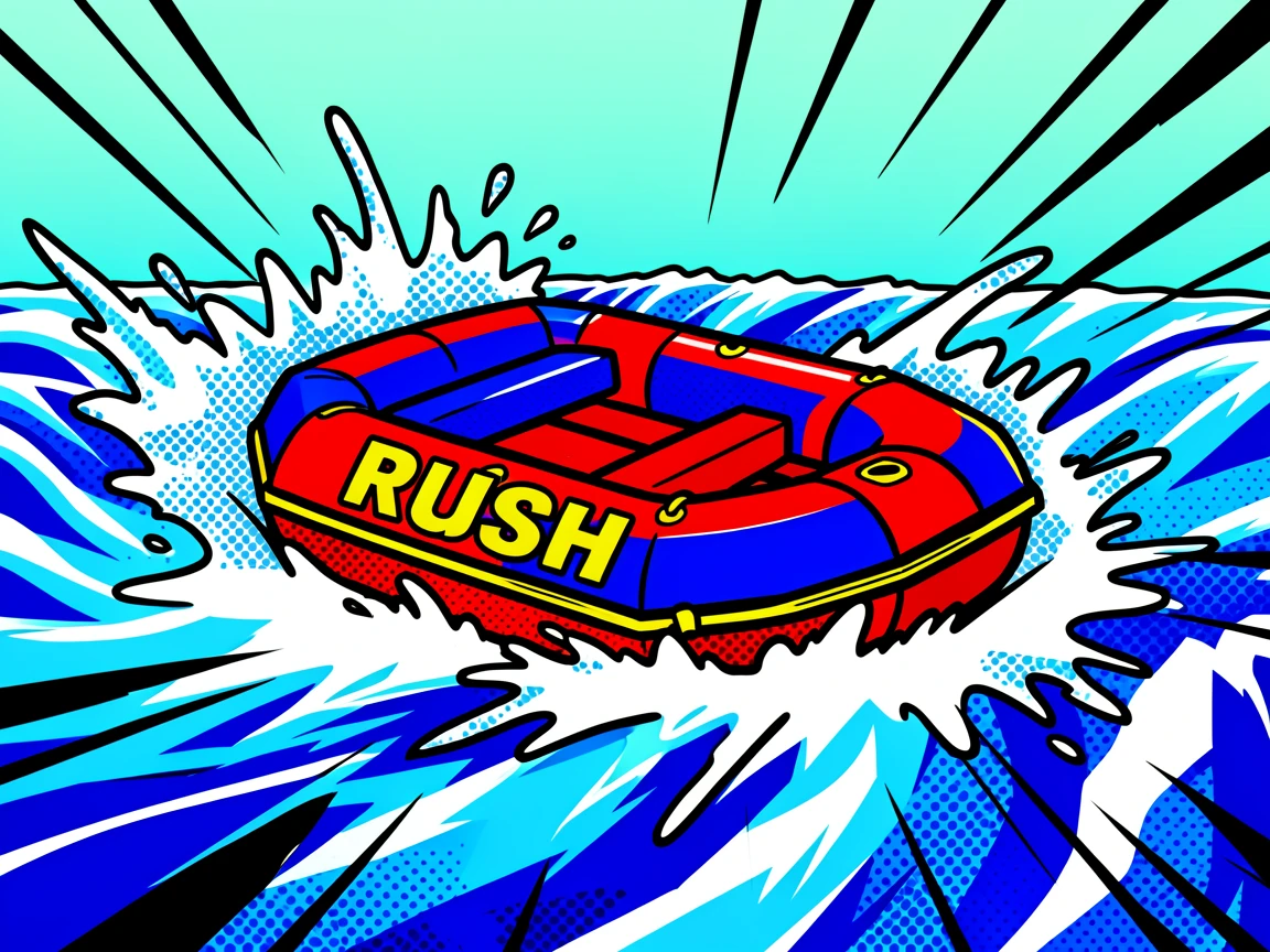 A water raft crashing through churning rapids