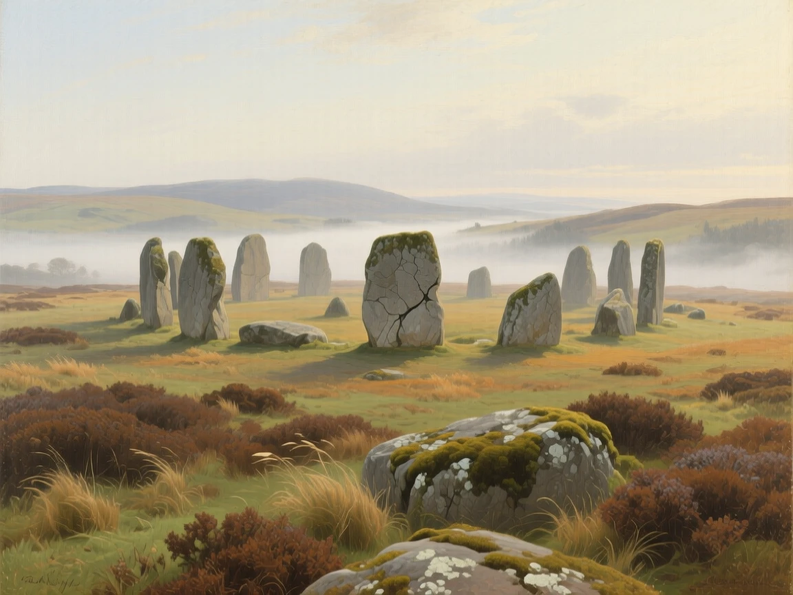 A wide establishing shot of an ancient stone circle standing silent on a windswept moor, in a light morning mist, in the 18th century.