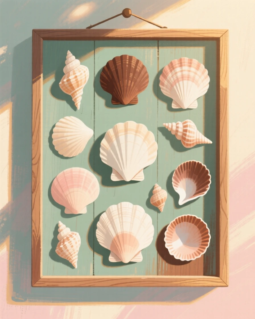 A collection of seashells arranged by type on a wooden display board