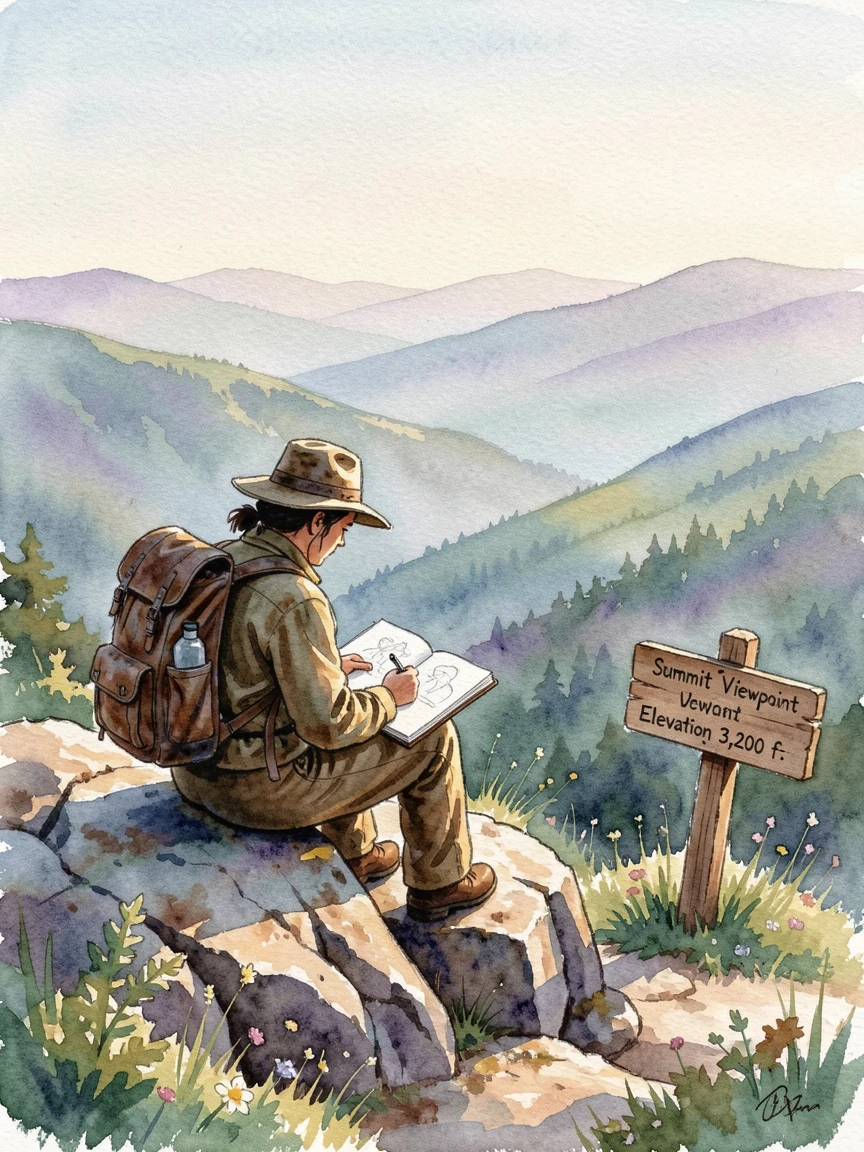 A traveler sketching a landscape from a mountain overlook surrounded by a warm and inviting setting.