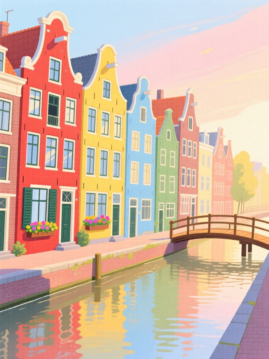 A colorful row of houses along an Amsterdam canal, glowing in warm afternoon light.