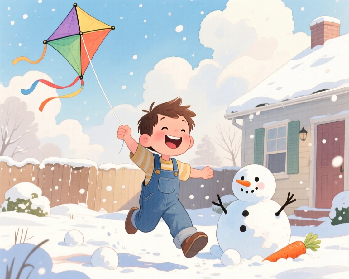 A small boy in overalls flying a kite that dances against fluffy clouds, in a snow-covered front yard with a half-built snowman, full of innocent laughter and delight.