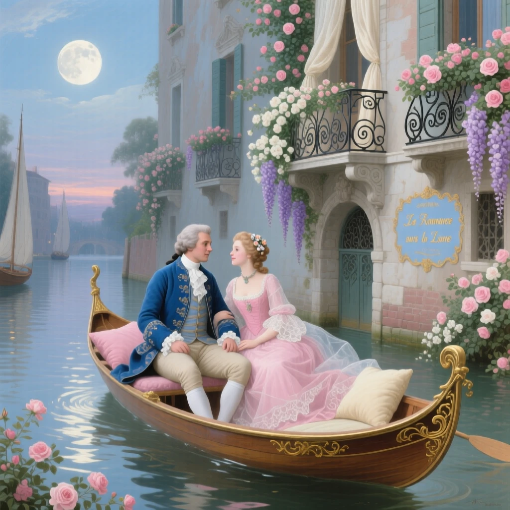 A couple sailing through a moonlit canal beneath flowering balconies  