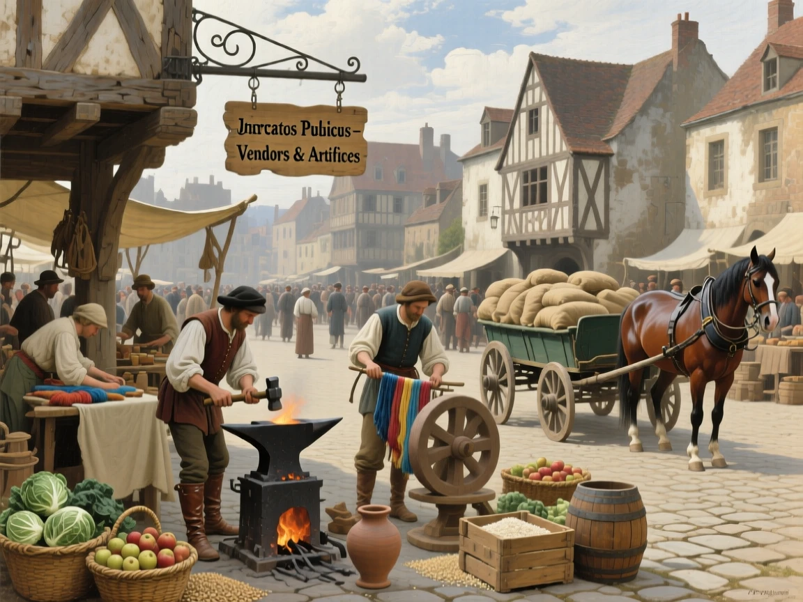 A Renaissance marketplace bustling with merchants, artisans, and horse-drawn carts, with authentic textures and materials true to the historical period, designed to feel both historically authentic and visually striking