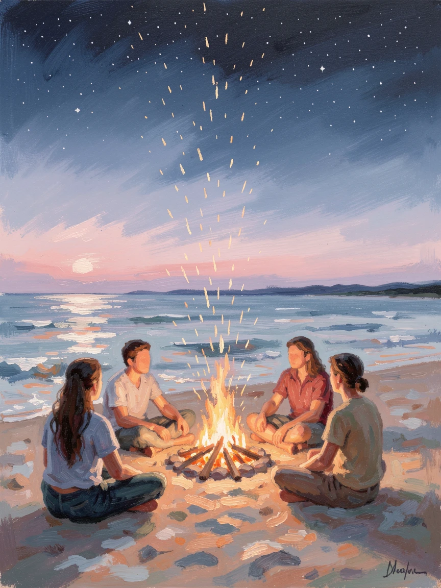 A group of friends gathered around a bonfire on a beach at night, sparks rising into the starry sky, as the first light of dawn breaks, radiating serenity and gentle stillness.