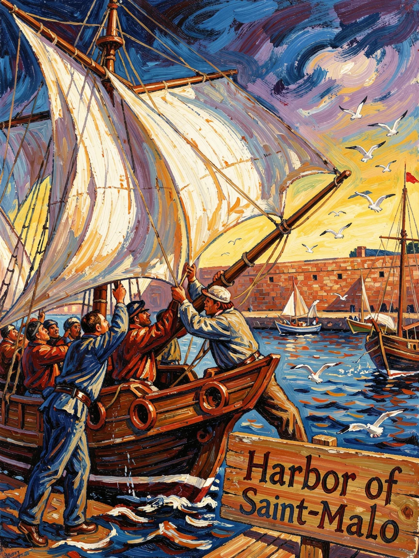 A group of sailors hoisting the sails together as their ship departs the harbor.