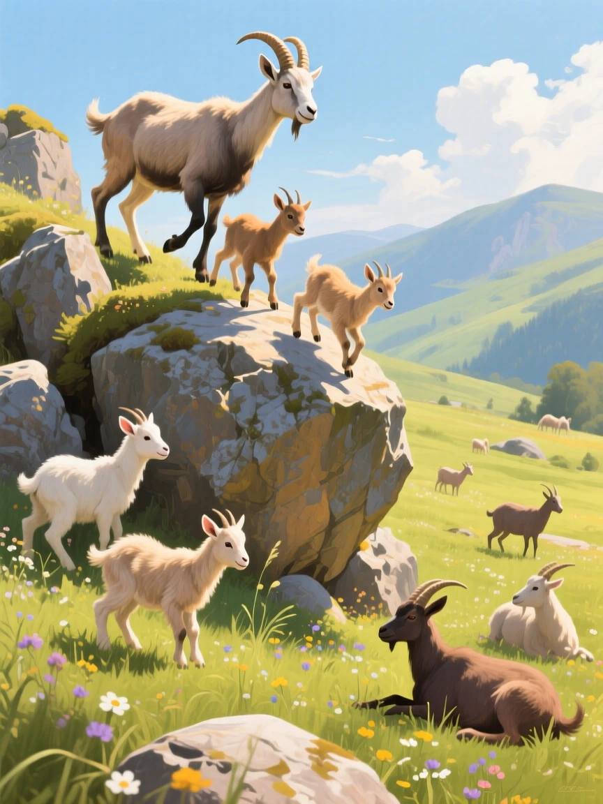 A family of goats plays on rocky outcroppings in a sunny pasture, kids leaping between boulders while their mother watches from below, other members of its group visible nearby, reinforcing the social nature of the scene.