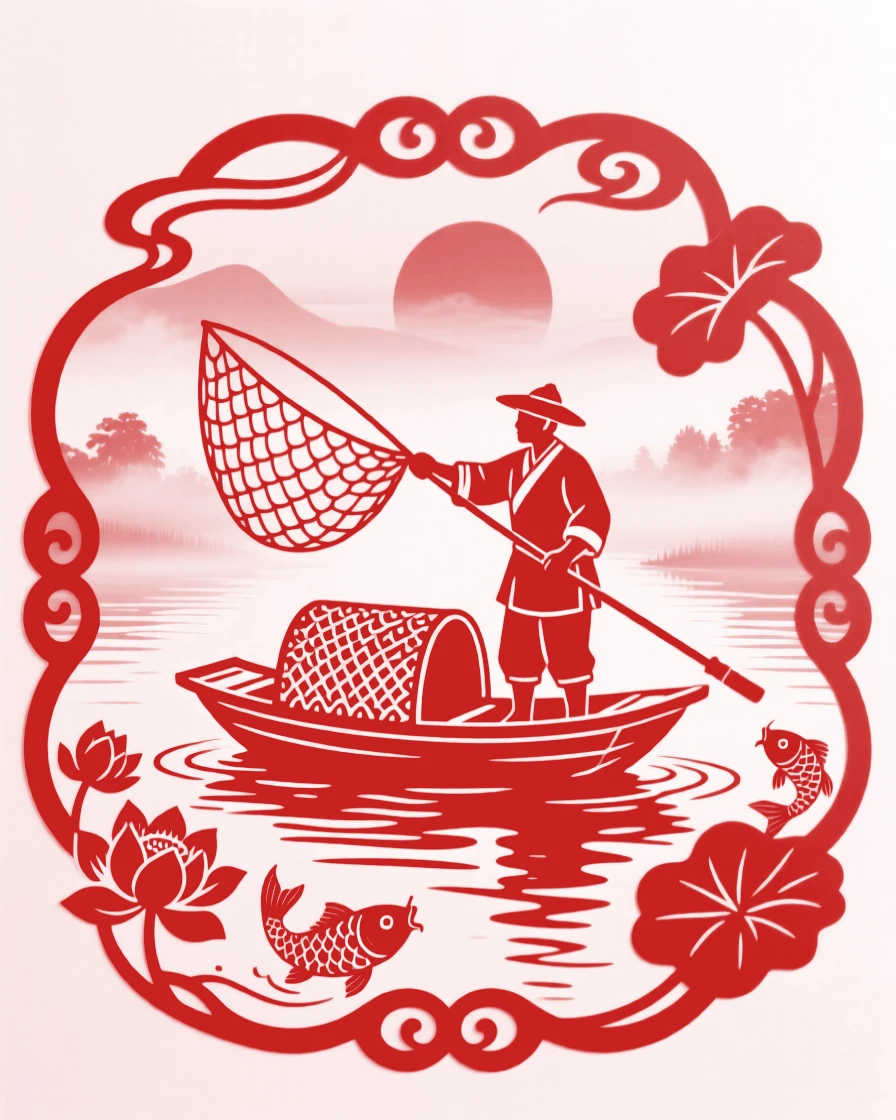 A fisherman casting a net from a small boat at dawn, mist rising from the still river around him