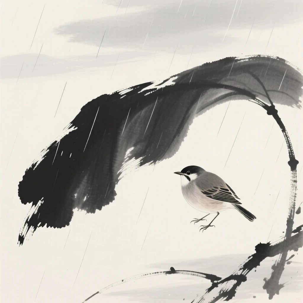 A songbird sheltering beneath broad leaves during rain against a pale, empty winter sky, framed against a wide expanse of open sky, conveying serenity and effortless movement.