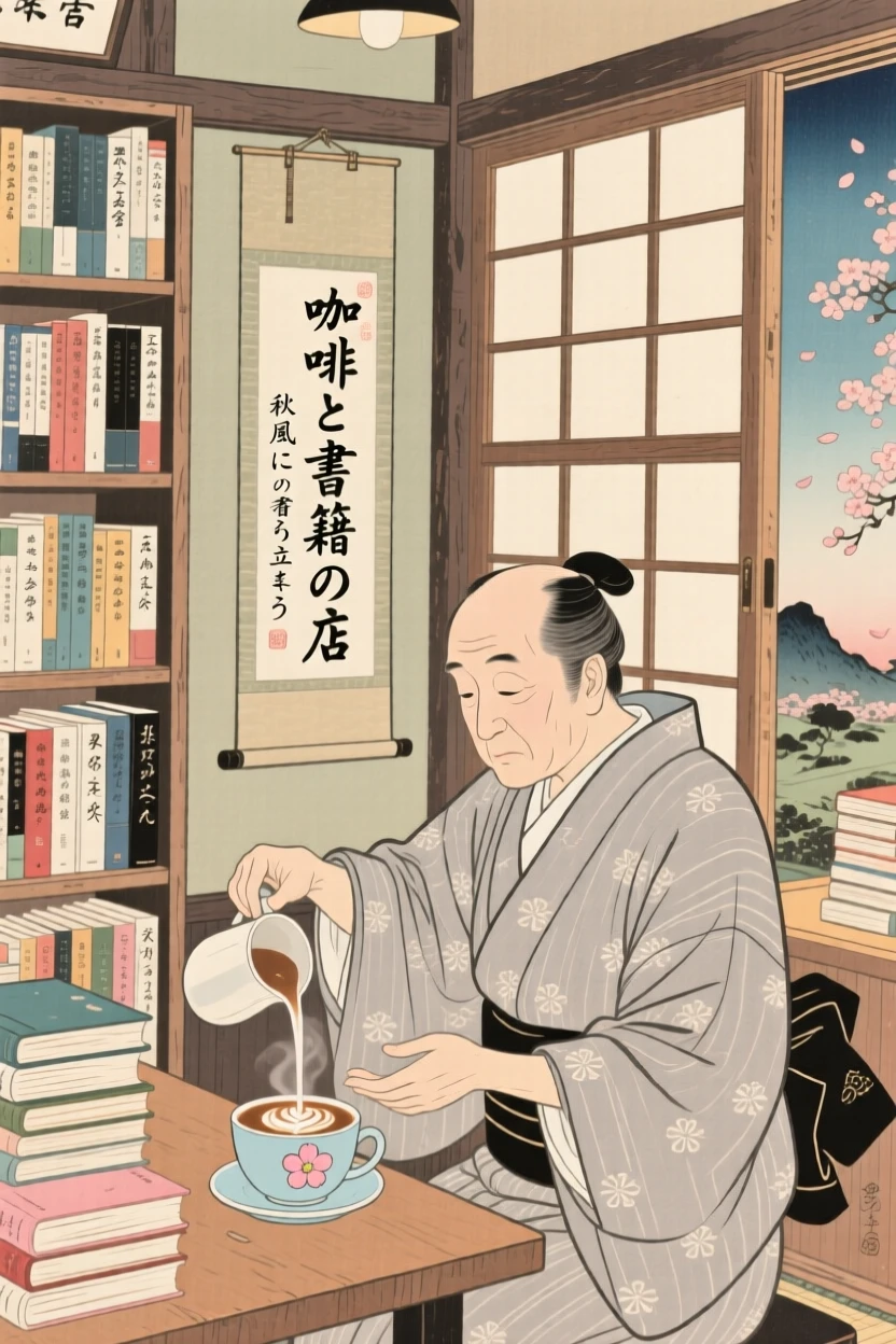 A bookseller pouring latte art in a cozy corner shop.