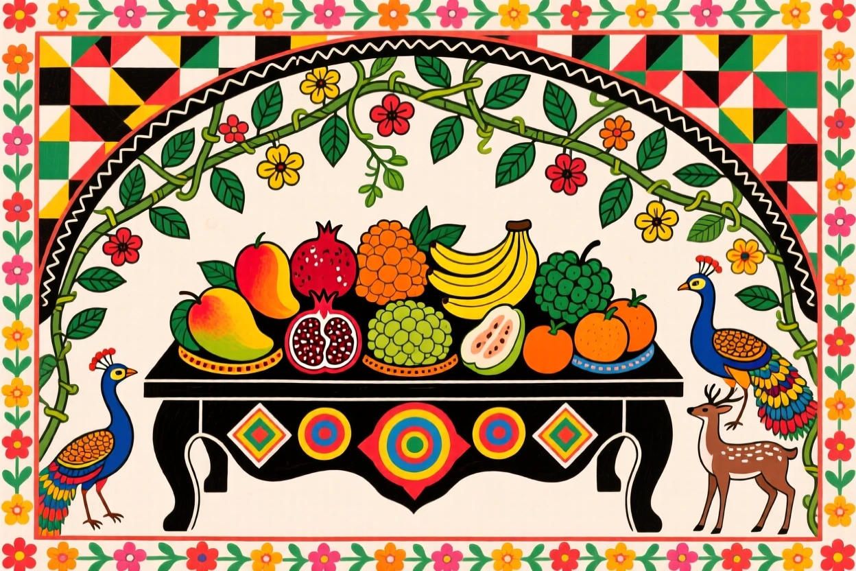 A table laden with seasonal fruits beneath a canopy of vines.