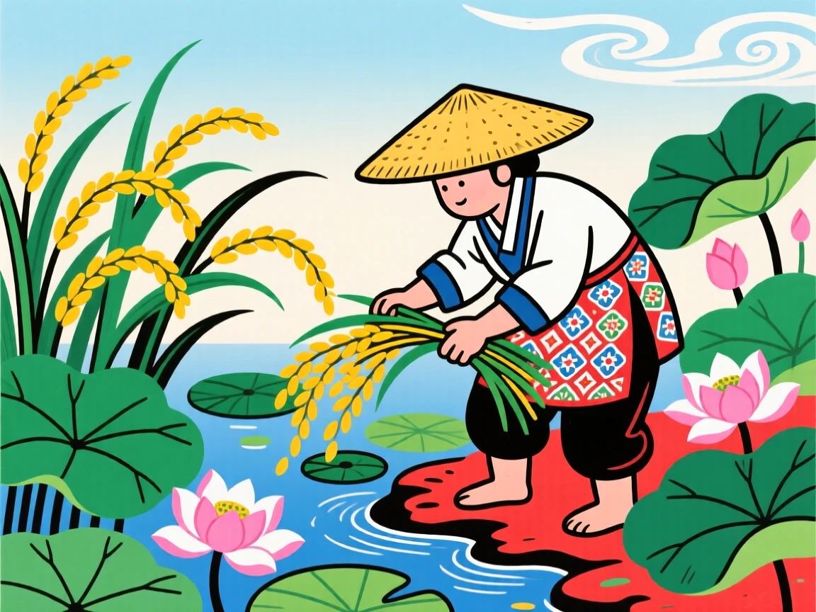 A farmer harvesting rice under a wide straw hat at the edge of a lotus pond.