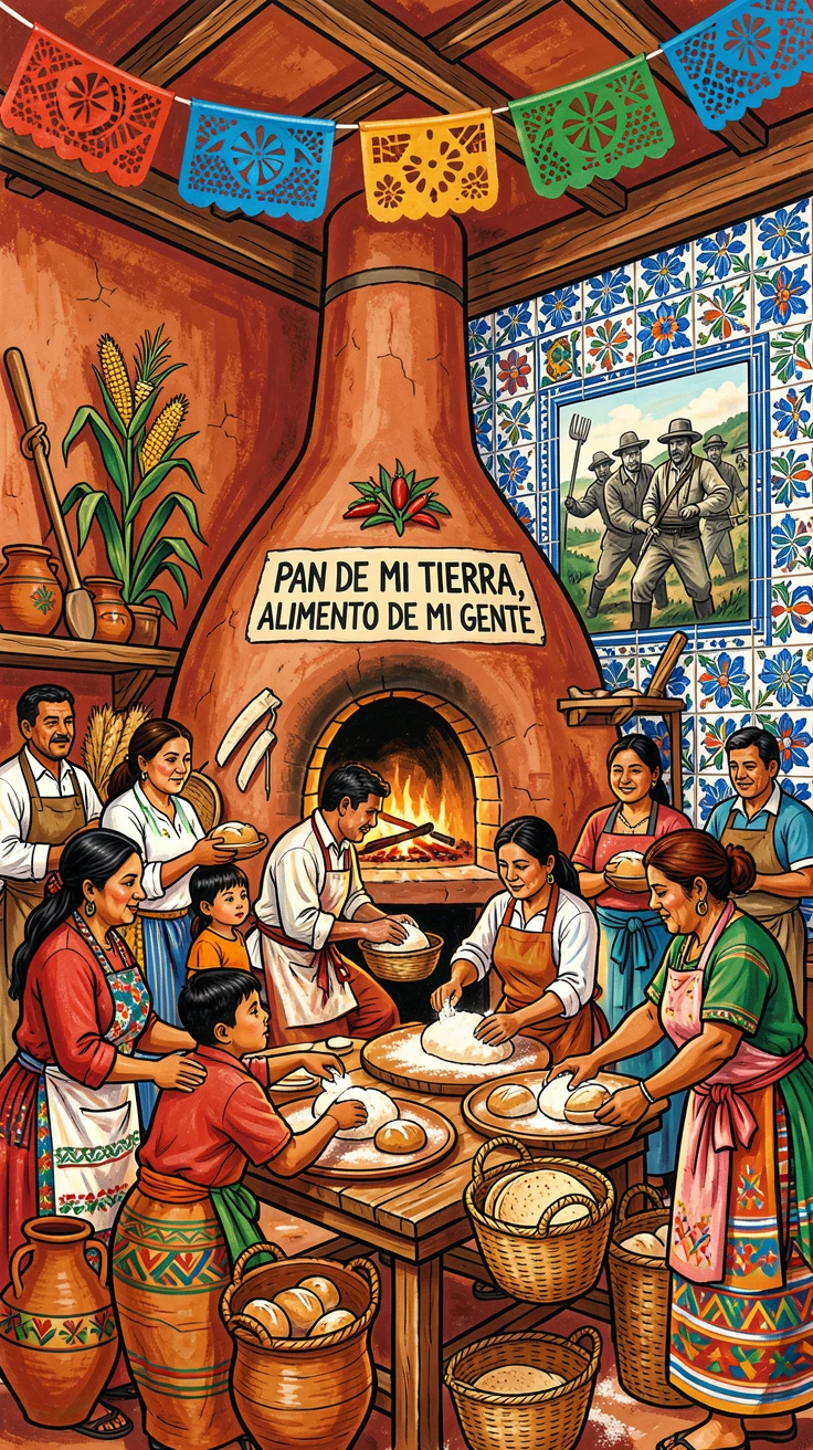 A rustic oven baking bread in a traditional kitchen