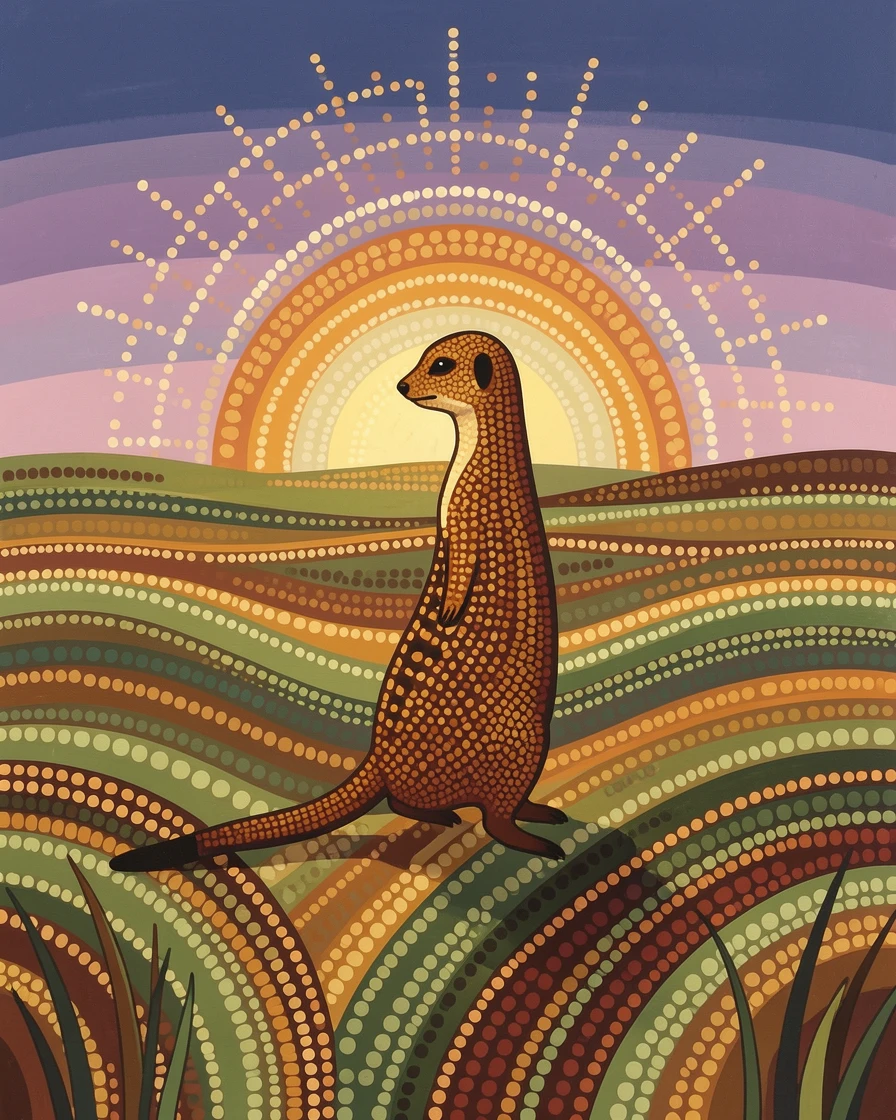 A meerkat crossing an open grassland at dawn