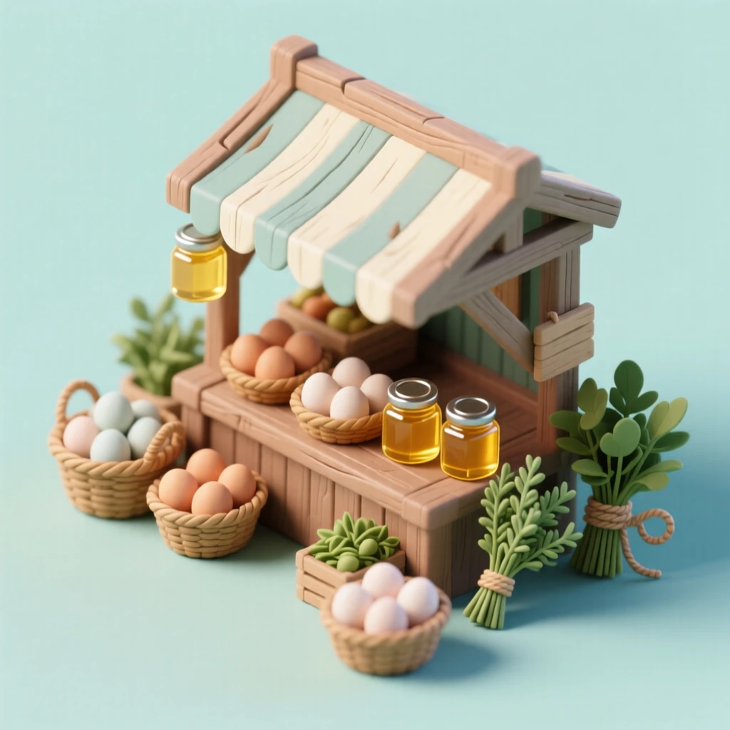 A rustic farmers market stall with baskets of fresh eggs, jars of honey, and bundles of herbs tied with twine.