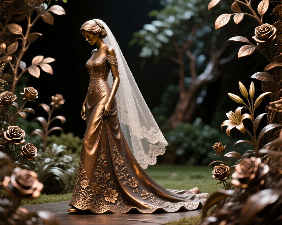 A bride walking alone through a garden before her wedding, framed by soft, dramatic shadows, forming a strong central focal point