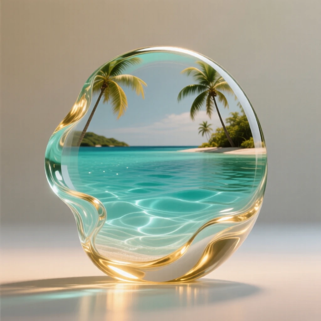 A tropical lagoon with crystal-clear turquoise water, captured in soft golden light with layers of atmospheric depth, evoking peace and quiet grandeur.