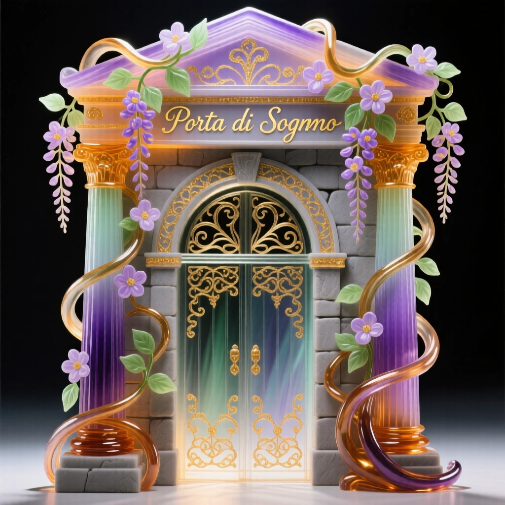 An ancient temple gate wrapped in blooming wisteria vines, romantic and historic.
