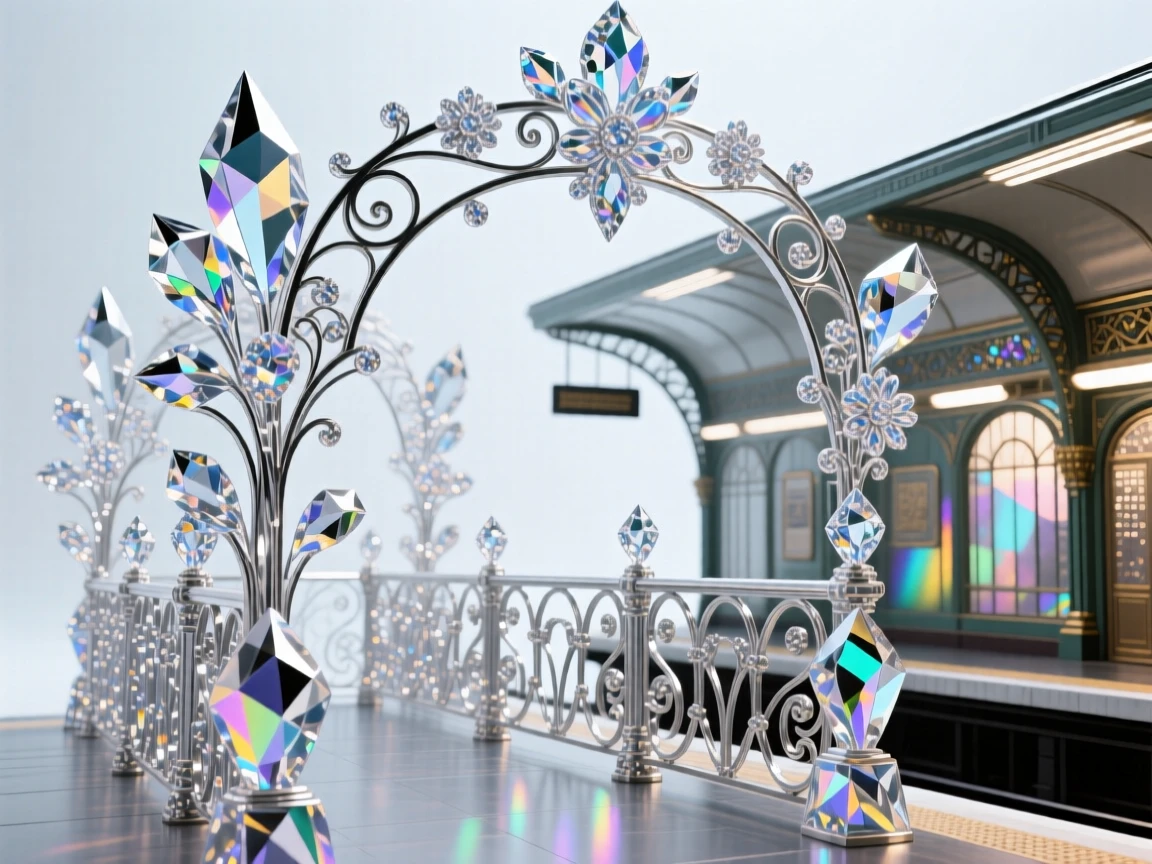 The interior of an elegant art nouveau metro station with wrought iron details.