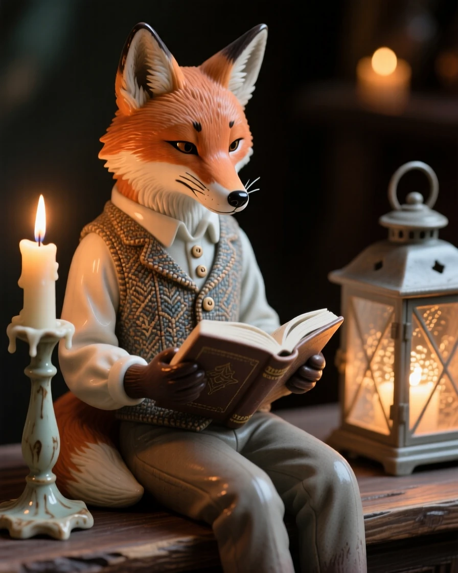 A fox in a waistcoat reading by candlelight gathered together in a heartwarming tableau, with warm lantern light glowing softly nearby, capturing the magic of imaginative make-believe.