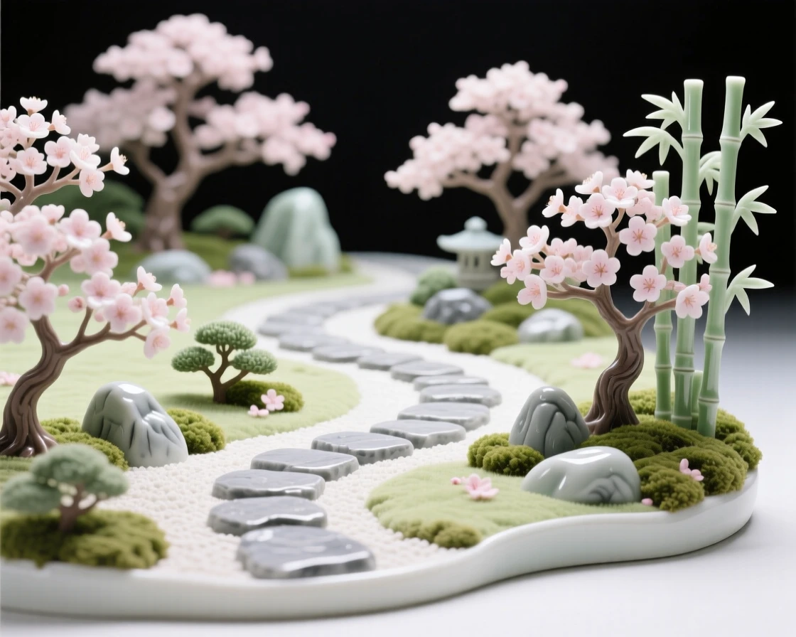 A sprawling Japanese zen garden in full bloom, with a winding stone pathway.