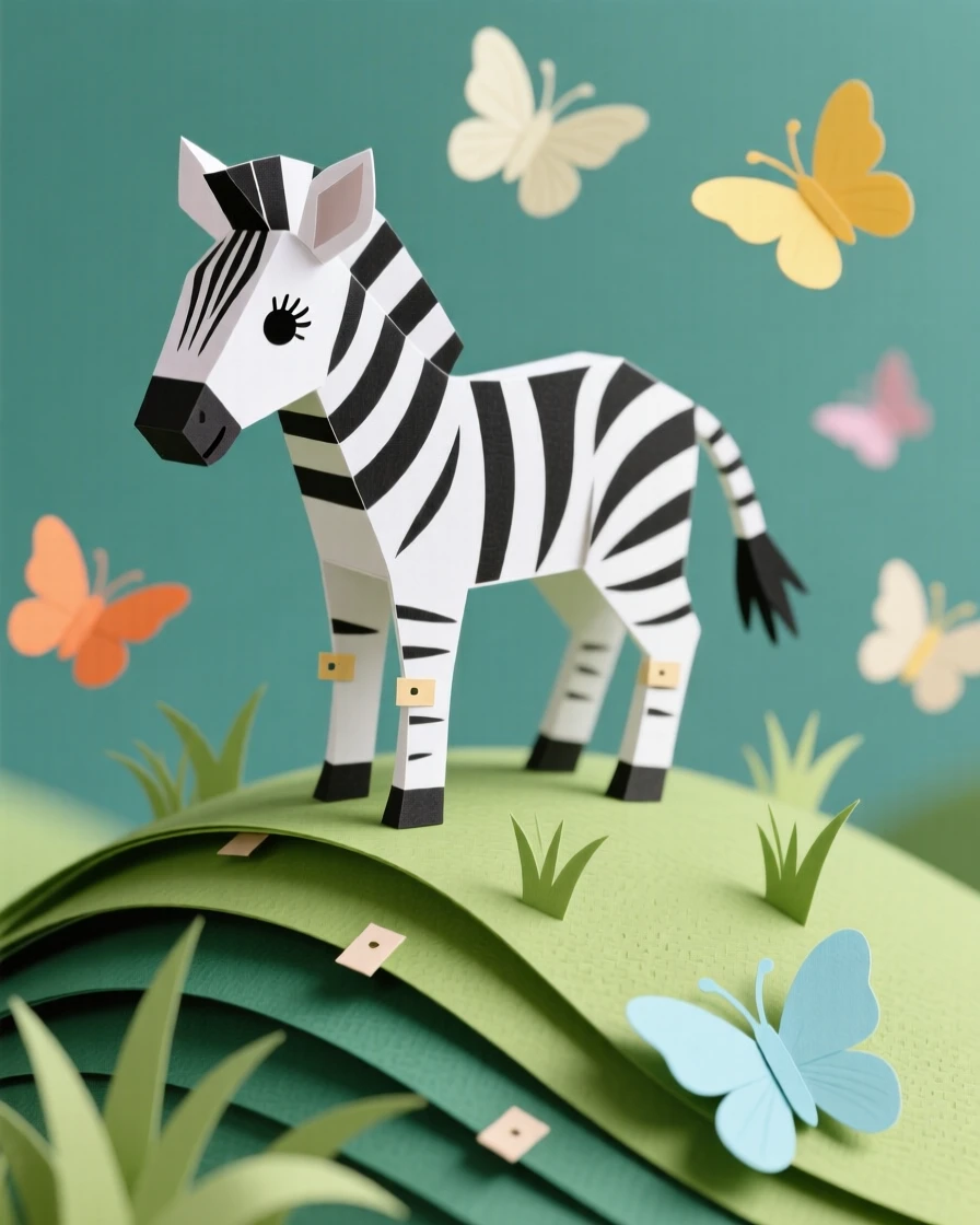 A striped zebra foal standing atop a grassy dune, with butterflies fluttering nearby, capturing playful joy and warmth.