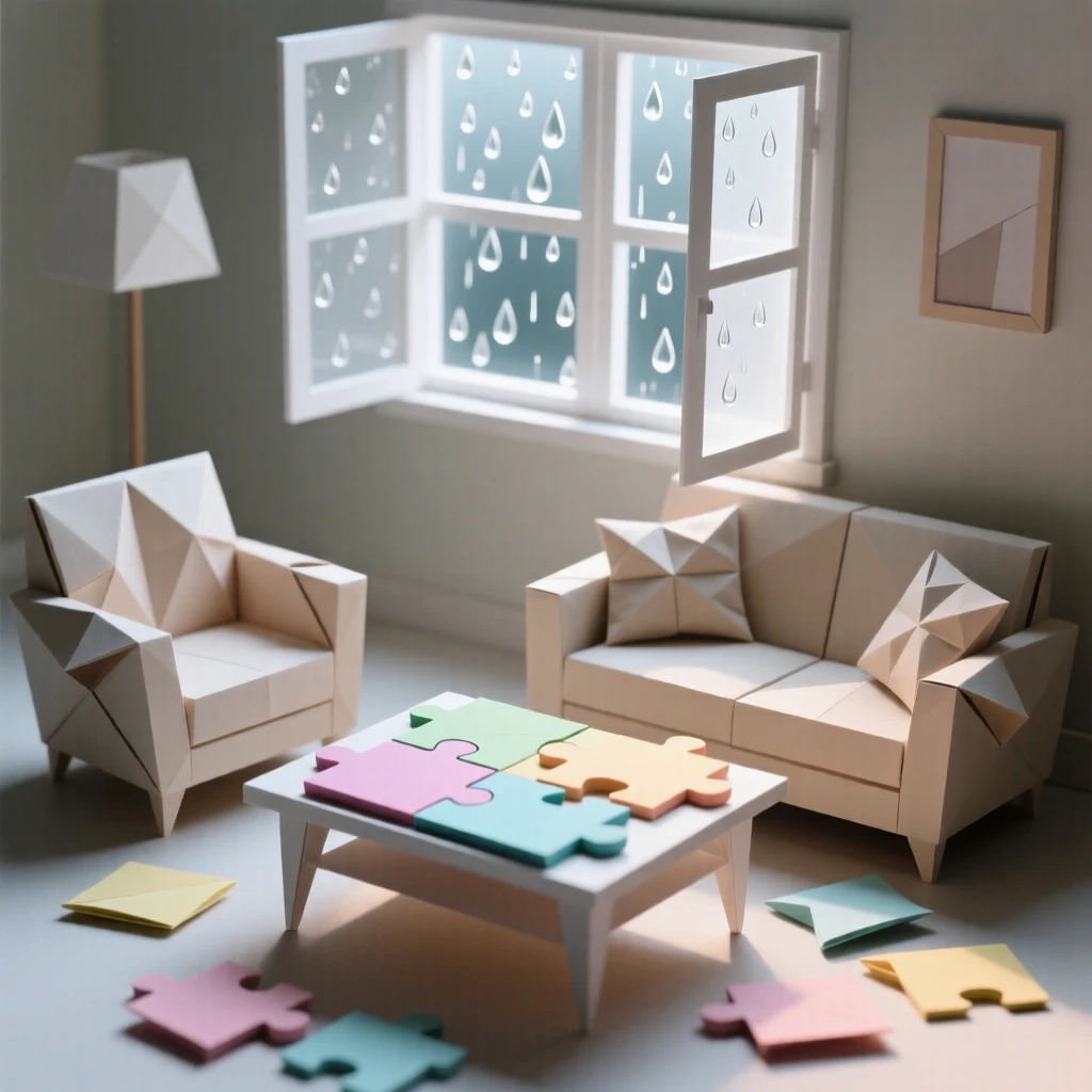 A cozy living room with a puzzle half-finished on the coffee table and rain against the window.