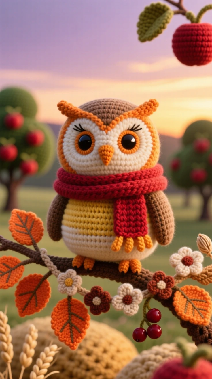 a cheerful autumn owl wearing a scarf, perched among orange leaves, is shown watching the sunset over a harvest field in a quiet orchard heavy with ripening fruit beside a garland of dried flowers, capturing nostalgic, storybook seasonal charm.