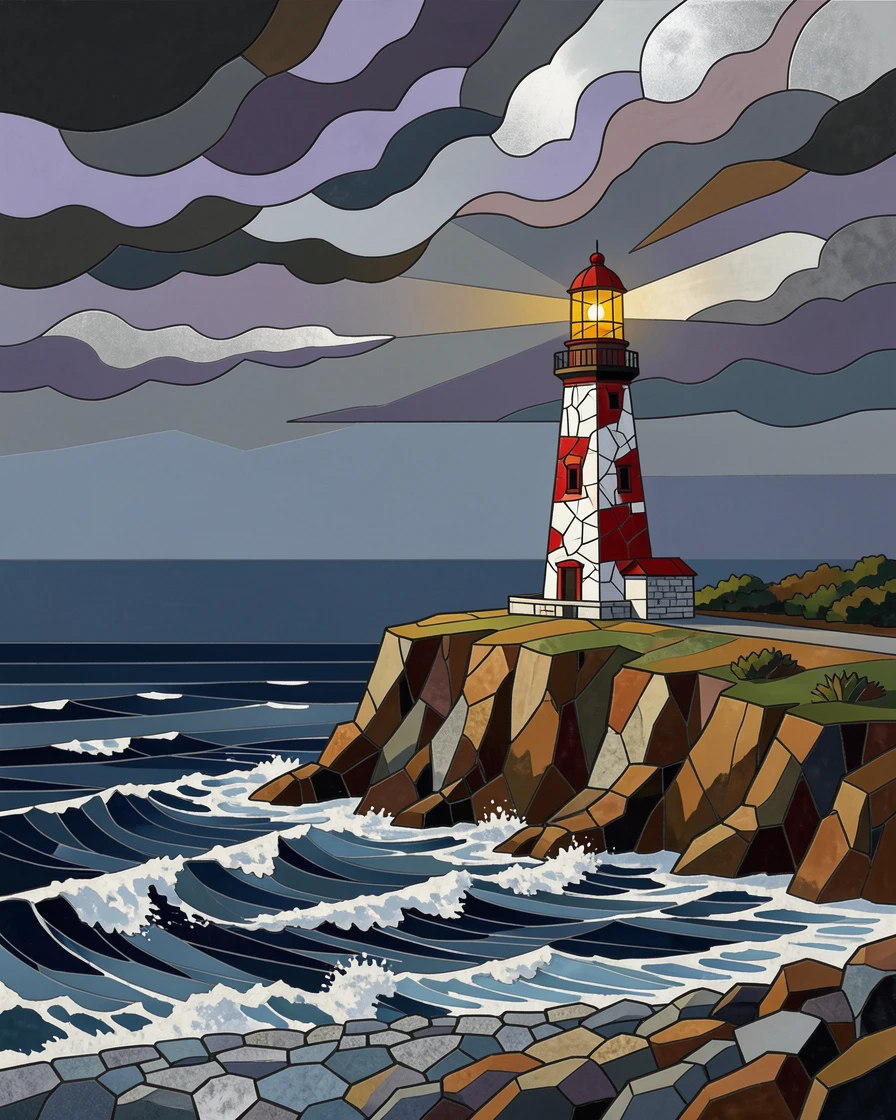 A wide panoramic view of a dramatic cliffside lighthouse overlooking a stormy sea, with dramatic clouds and rich natural color.