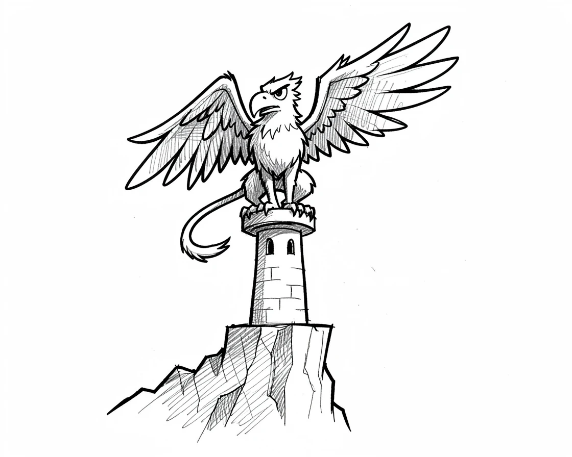A griffin standing guard atop a tower atop a cliff at sunrise.